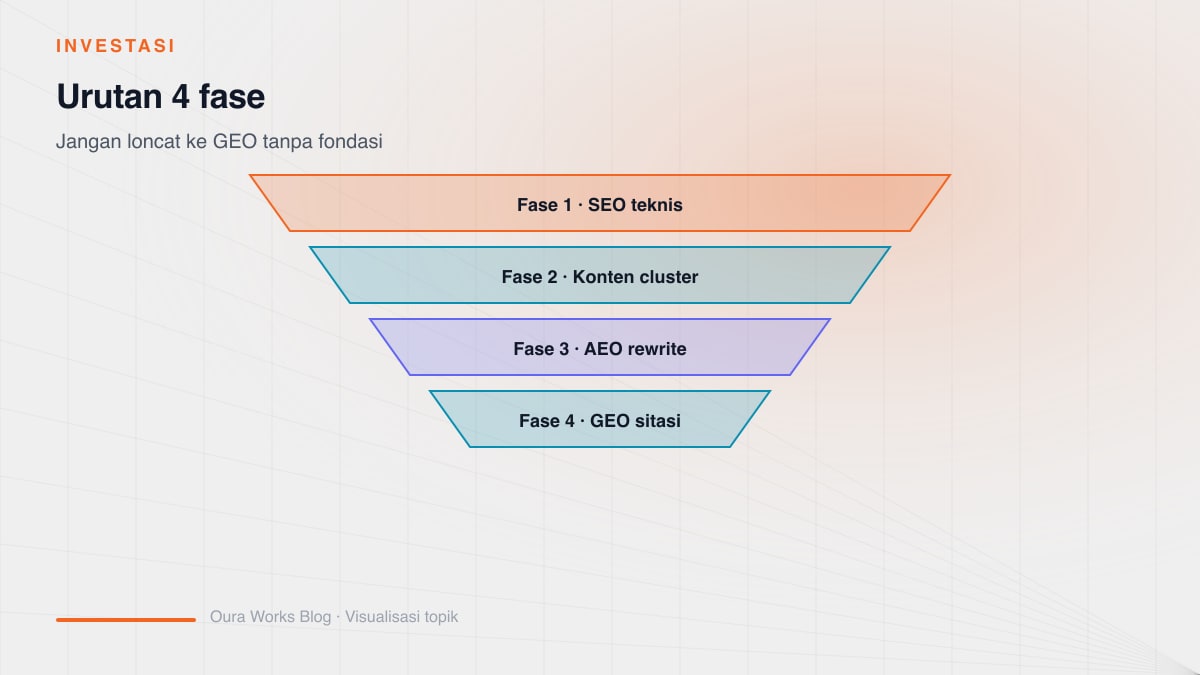 Diagram SOP 4 fase urutan investasi: SEO teknis, SEO konten, AEO, dan GEO dengan milestone kesiapan tiap fase