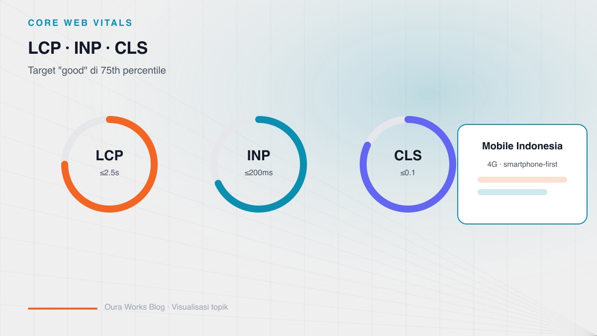 Diagram tiga metrik Core Web Vitals LCP, INP, dan CLS dengan threshold good di 75th percentile field data CrUX