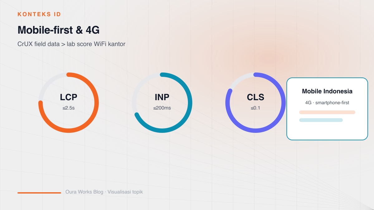 Diagram dampak CWV buruk di Indonesia: traffic mobile dominan, koneksi 4G variabel, third-party berat, dan hosting jauh memperparah LCP dan INP