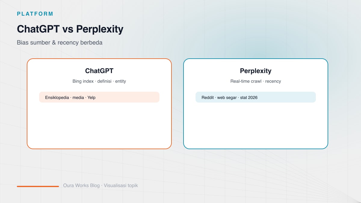 Tabel perbandingan optimasi ChatGPT vs Perplexity: indeks Bing, bias sumber, recency, dan format citation bait ideal