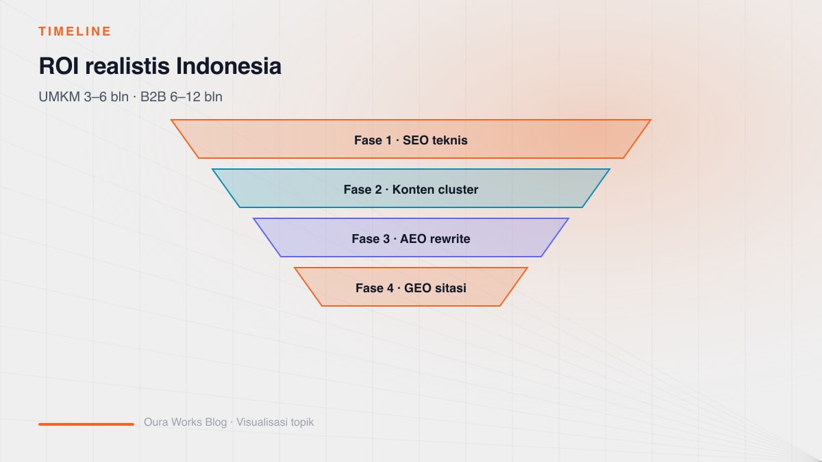 Diagram paket Oura untuk fase SEO bisnis: Starter untuk baseline, Content untuk cluster, Growth dan Domination untuk SEO plus AI visibility